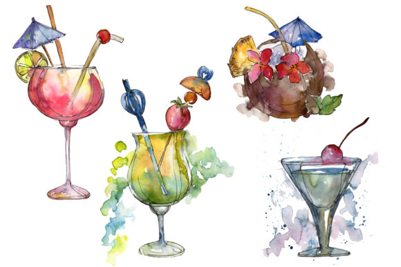 Bar Party Cocktail Drink Watercolor Set and Illustrations