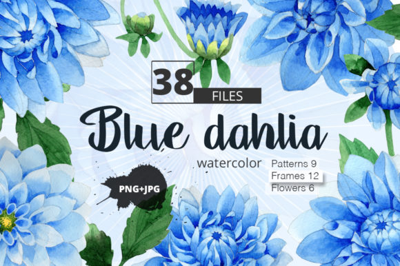 Blue Dahlia Watercolor Clipart and Illustrations