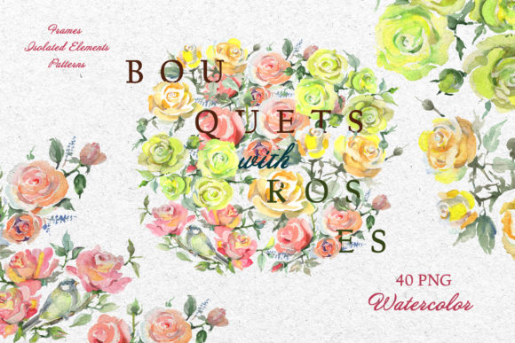 Bouquets with Roses Yellow Watercolor Illustrations