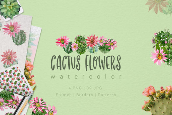 Cactus Flowers Watercolor Set Illustrations