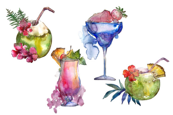 Exotic Cocktails Watercolor Set and Illustrations