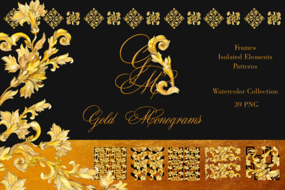 Gold Monograms Watercolor Png