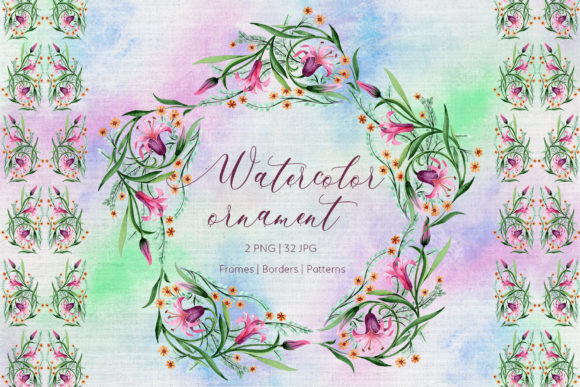 Lilies Ornament of Pink Flowers Watercolor Set Illustrations