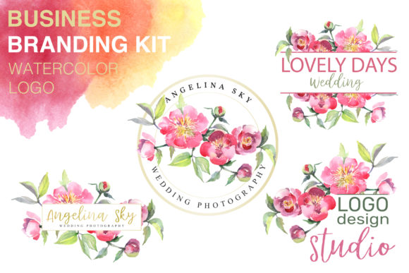 LOGO with Peonies Watercolor Illustrations