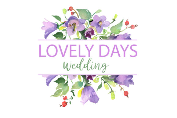 LOGO with Red Hibiscus and Bluebells Watercolor Illustrations