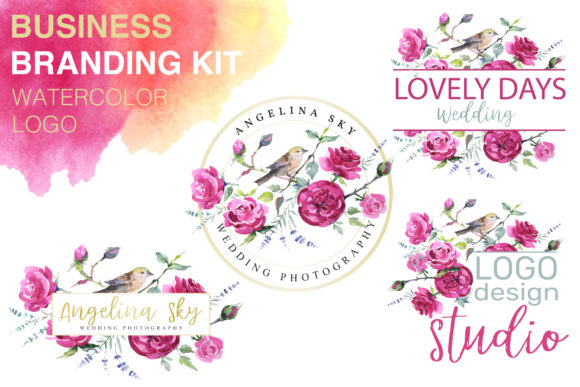 LOGO with Roses and Bird Watercolor Illustrations