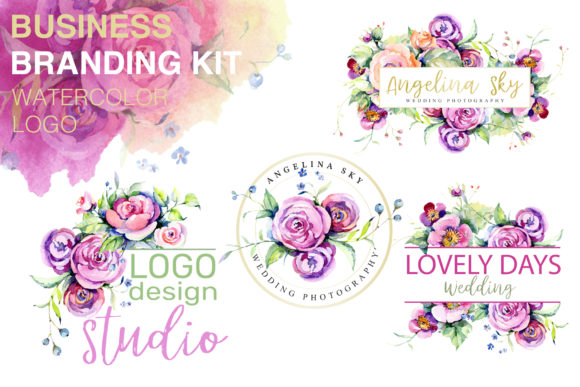 LOGO with Roses and Wildflowers Watercolor Illustrations