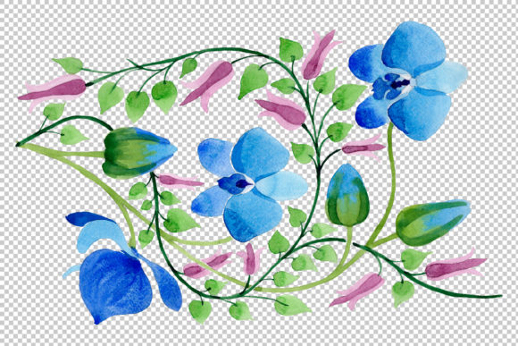 Ornament of Blue Flowers Watercolor Set Illustrations