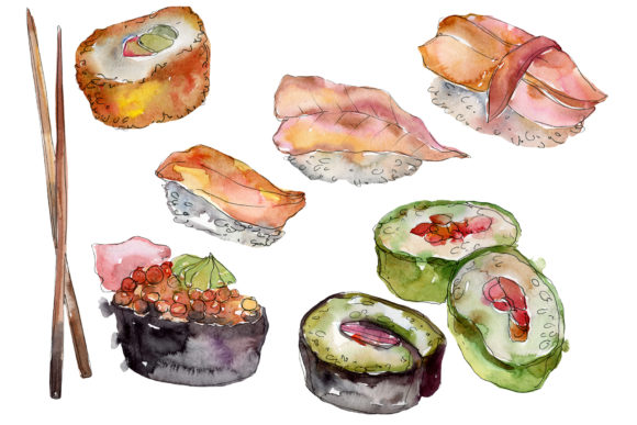 Sushi Set Watercolor Illustrations