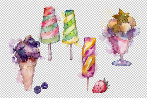 Watercolor Colorful Ice Cream Set and Illustrations