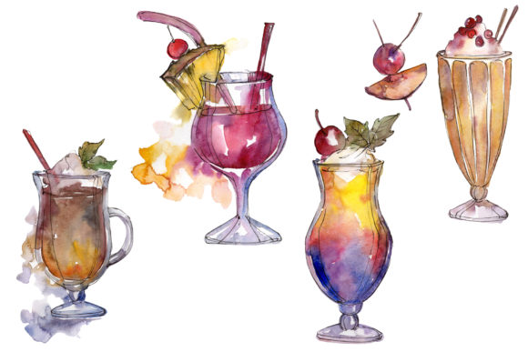 Watercolor Exotic Drink Cocktail Set Illustrations