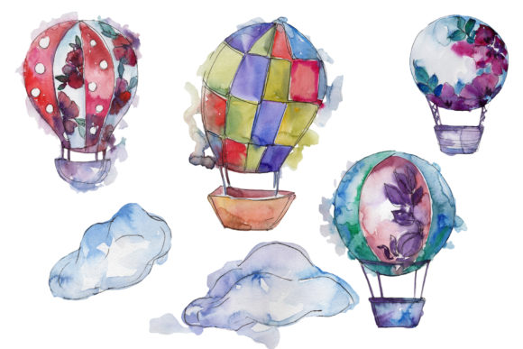 Watercolor Hot Air Balloon Set and Illustrations