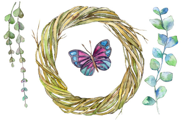 Watercolor Wreath of Branches Illustrations