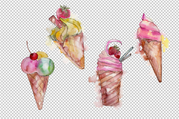 Watercolor Yummy-yummy Ice Cream Set and Illustrations