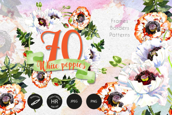 White Poppies Watercolor Set Illustrations